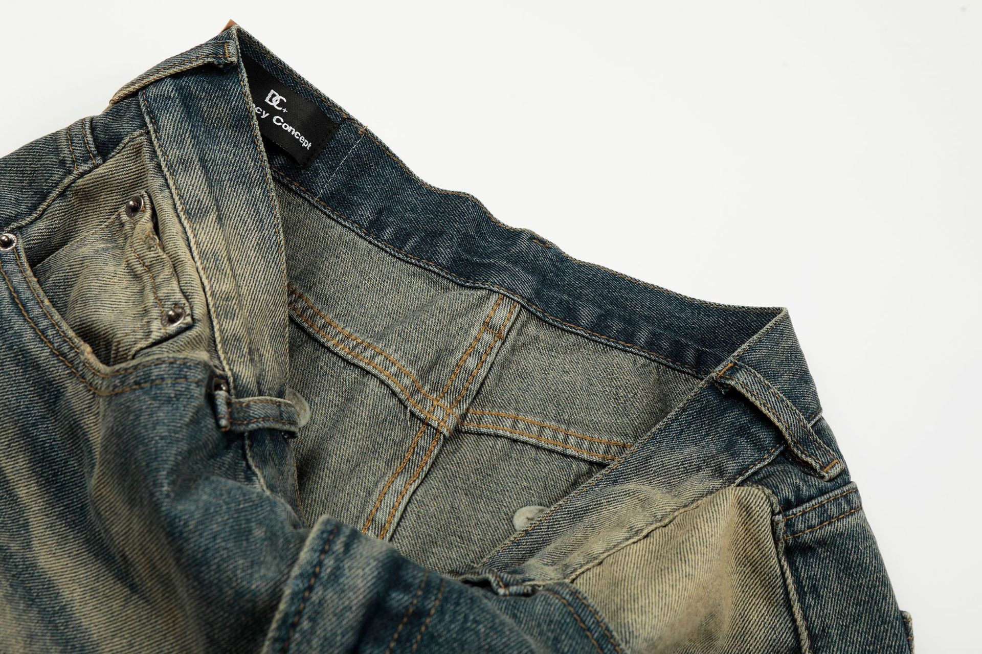 Style Trendy Unisex Street Retro Vintage Blue Cat Whisker Pattern Distressed Design Loose Fit Men's Jeans
