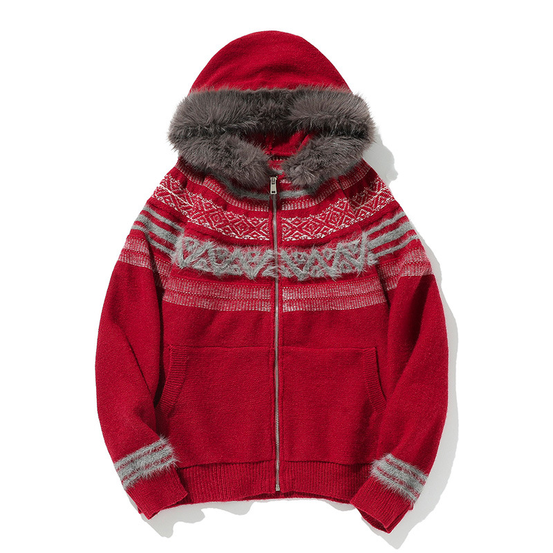 Matching Oversized Furry Trim Jacquard Knit Overcoat