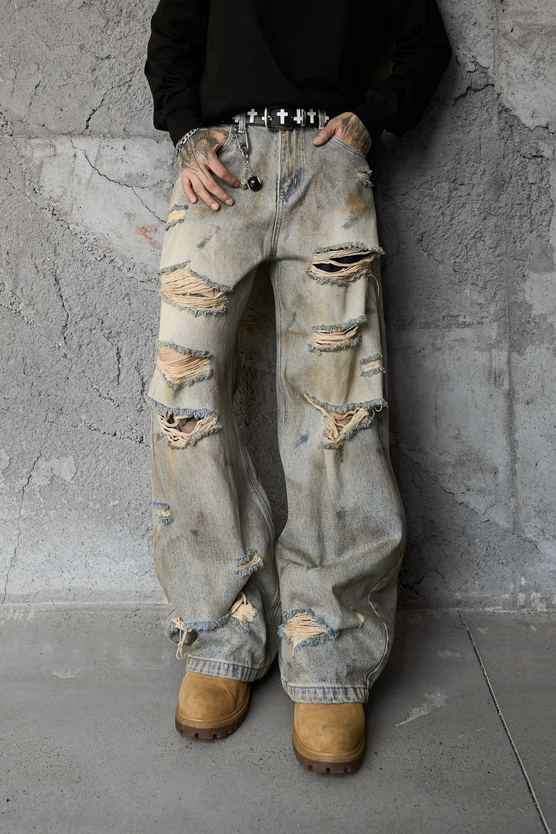Style Casual Knife-Shape Pants Men Loose Straight Leg Distressed Autumn Fashion Vintage Ripped Jeans