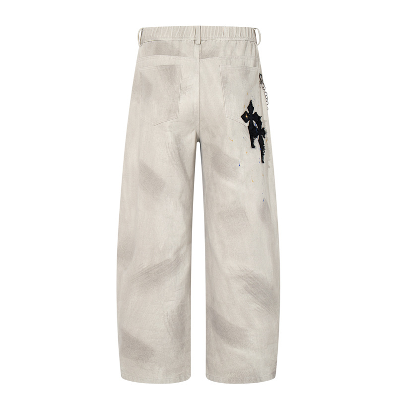 Street Style Luxury Cross Patch Embroidery Color Splatter Hand-painted Straight Leg Hip-hop Loose Jeans
