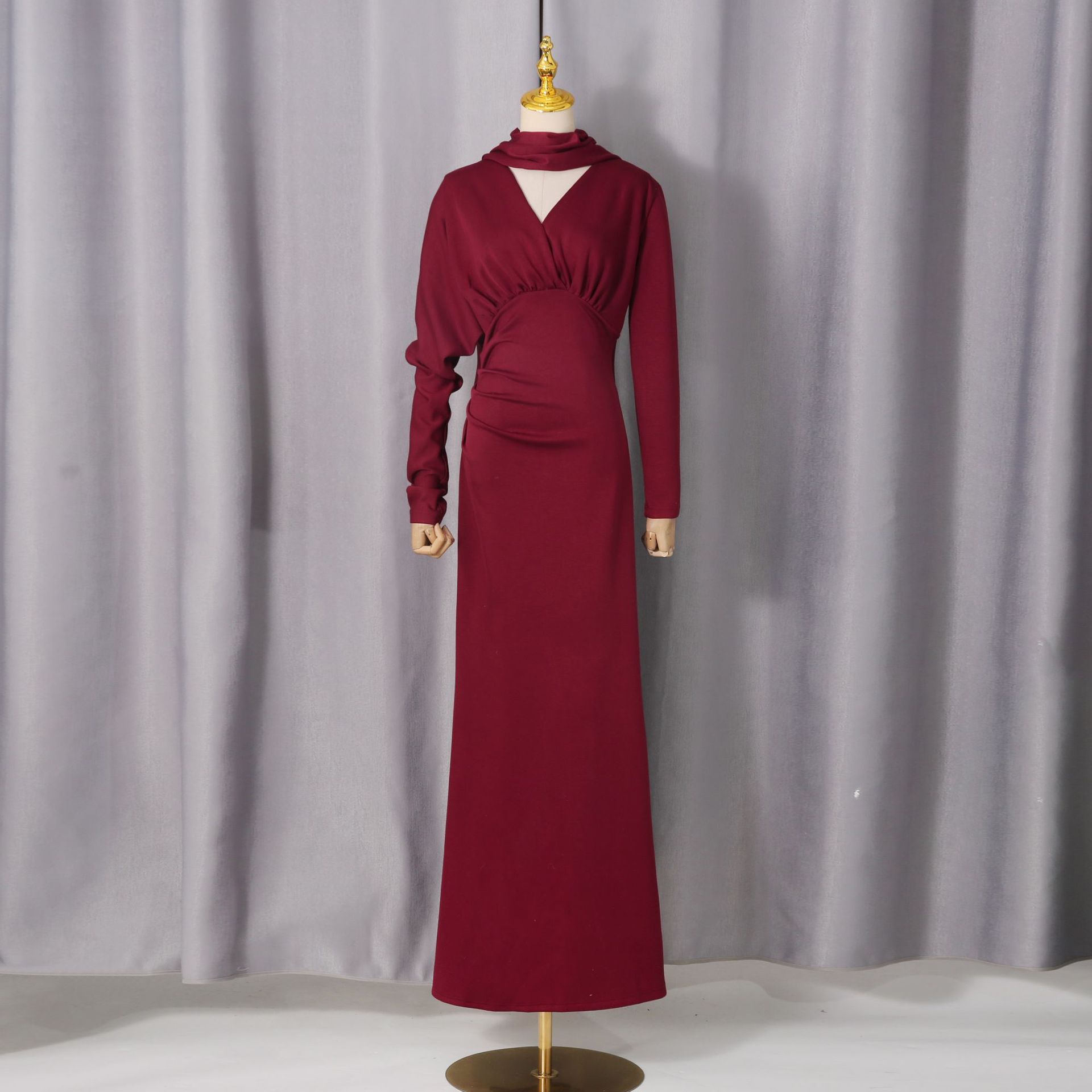 Tailored Polyester Maxi Dress with Ruched Bodice