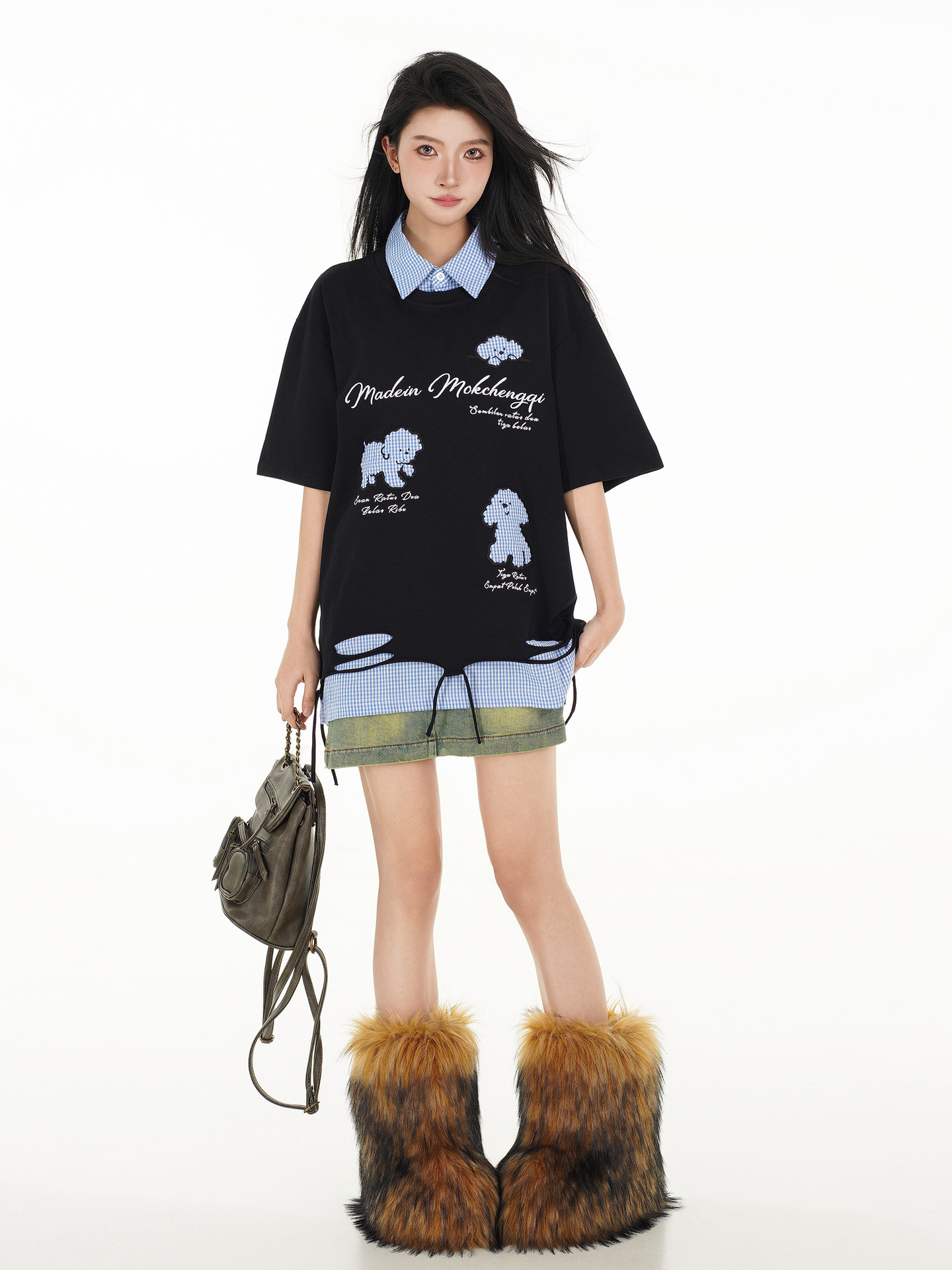 Oversized American Cotton Letter Layered Button-Down Guy's Tee