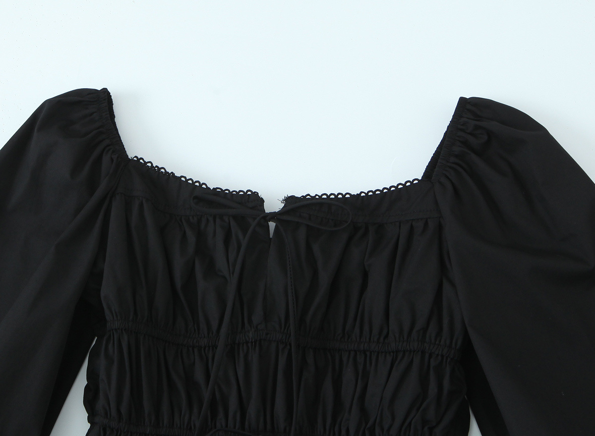 Square Neck Tied Lace Elastic Waist Three-Quarter Sleeve Dress
