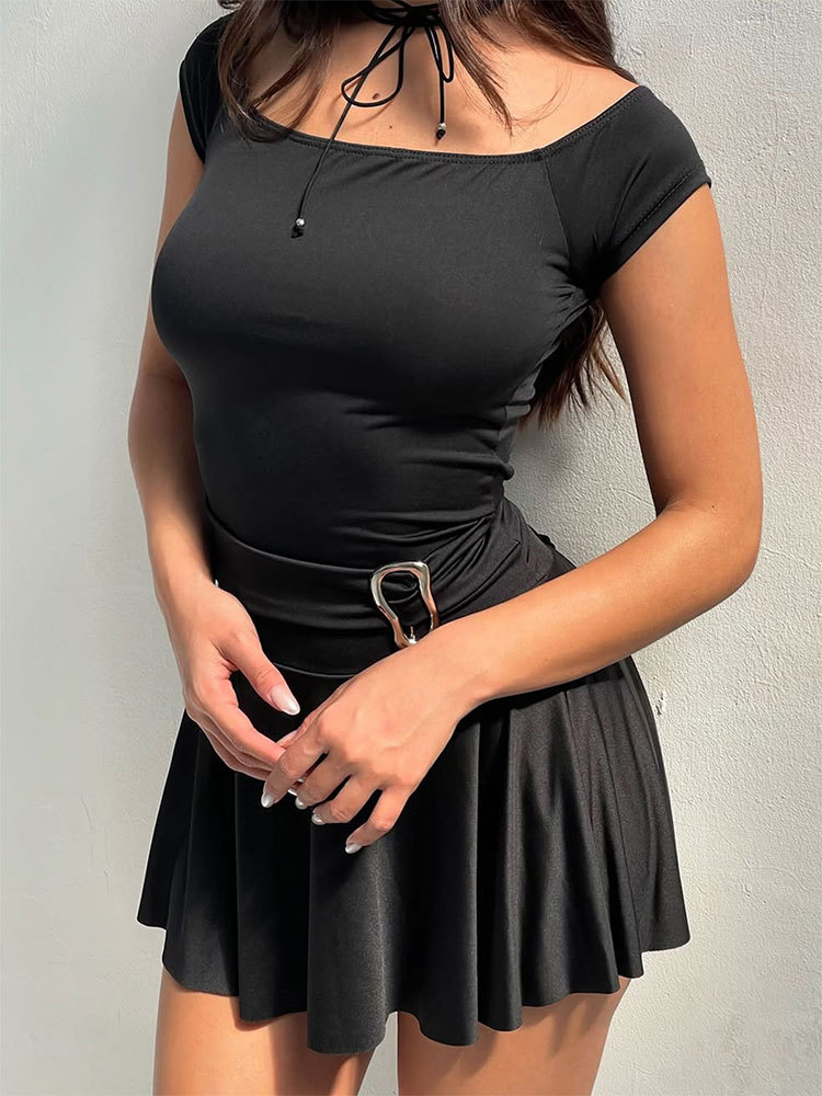 Polyester Short Sleeve Fitted Frilled Dress