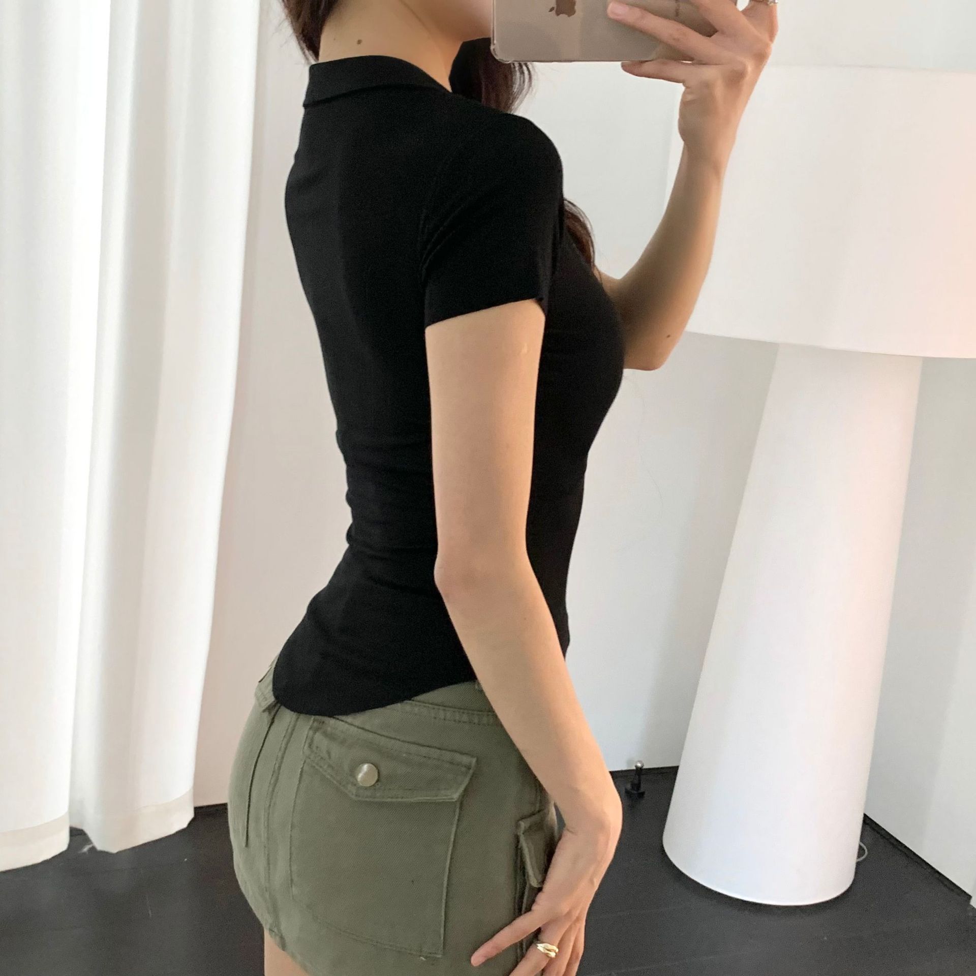 Plain Spandex Plunge Frayed Rounded Slim Tee