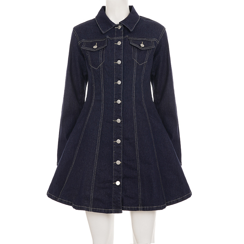 Sleek Flattering Polo Collar Long Sleeve Cotton Dress