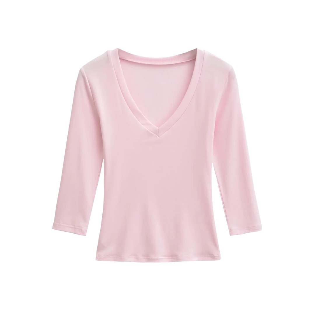 Ladies Streetwear Plain Stretch Elbow-Length Plunge Layering Tee