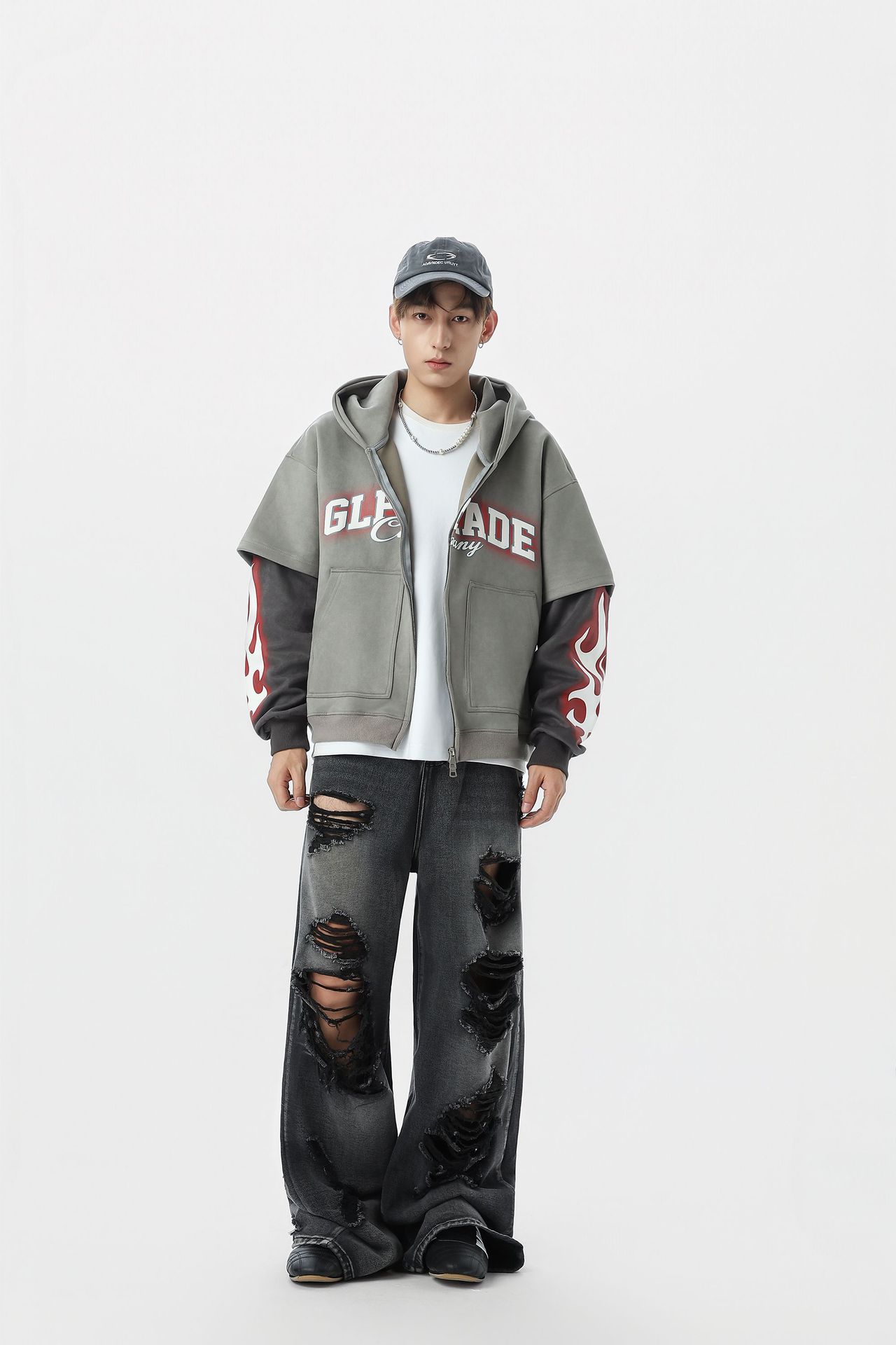 Streetwear Synthetic Graphic Long Sleeve Zip Hood Sweatshirt