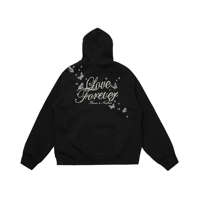 Street Style Letter Beaded Hoodie, Unisex Loose Casual Hooded Sweatshirt