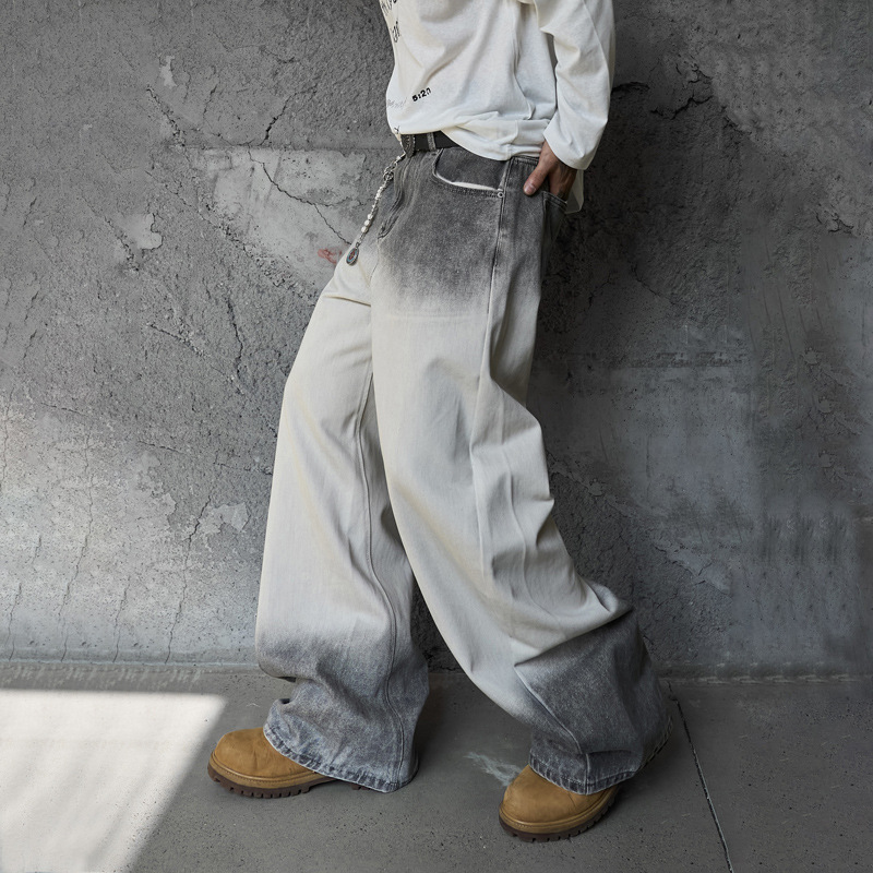 Streetwear Hip-Hop Style Gradient Color Wide-Leg Denim Pants Straight Leg Design Retro Knife-Edge Floor-Length Trousers