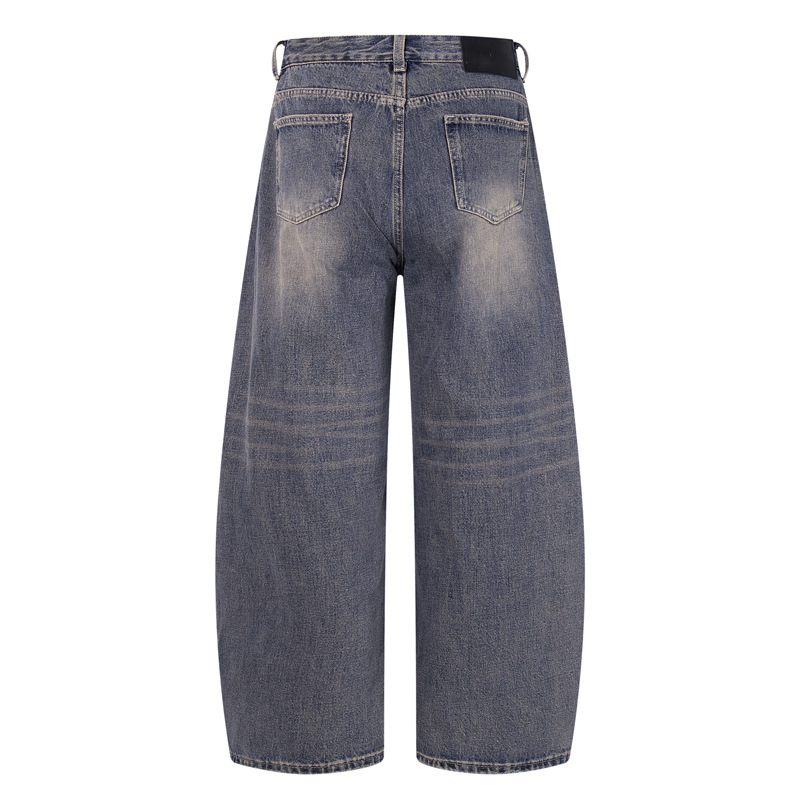 Washed Gradient Knife-Edge Denim Pants Men Streetwear High-Street Vibe Loose Straight Leg Wide Leg Pants