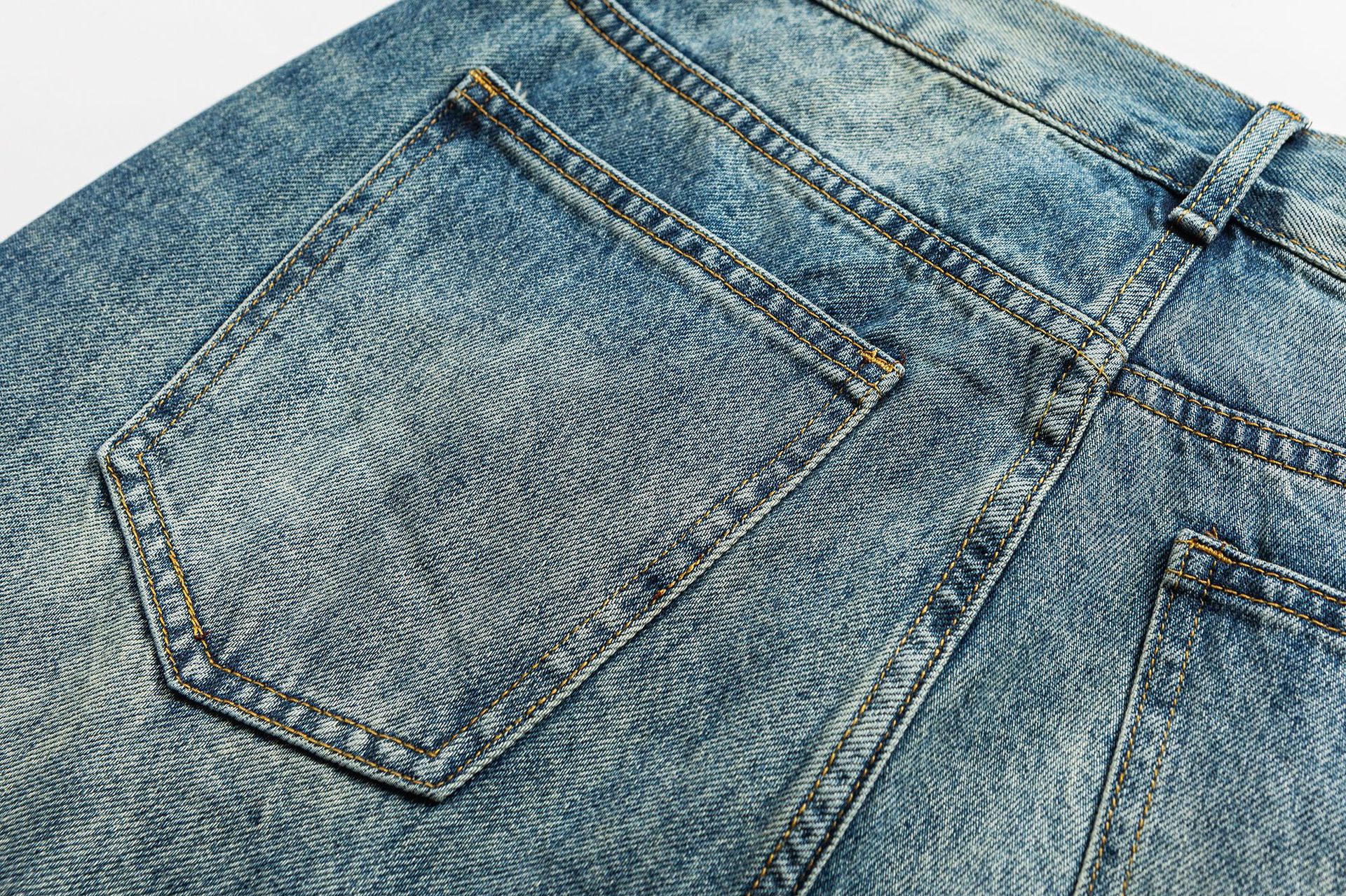 Lightning Crack Pattern Distressed Washed Denim High Waist Zipper Jeans