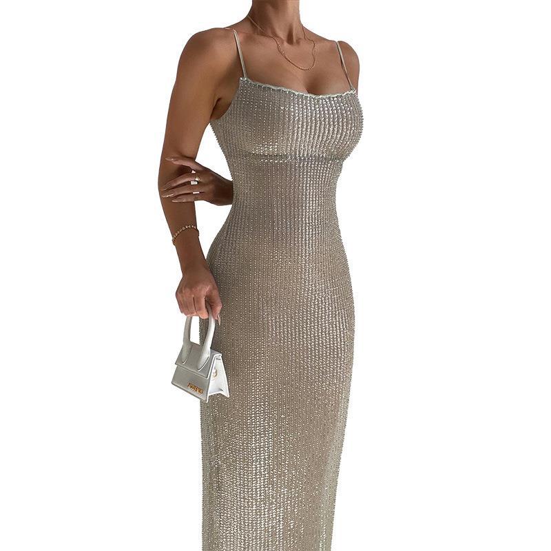 Square Neck Sleeveless Knit Fitted Embellished Dress