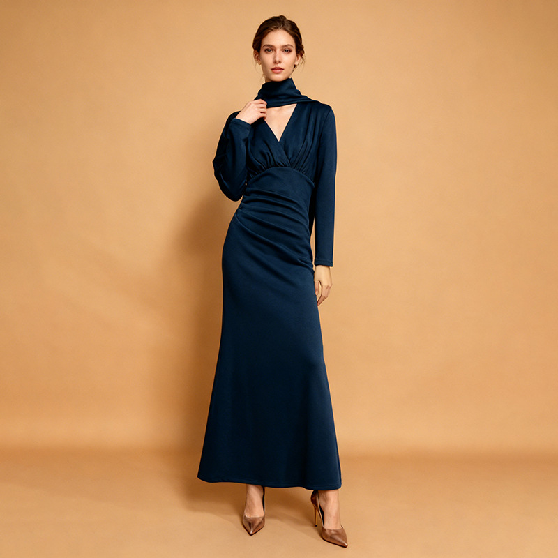Tailored Polyester Maxi Dress with Ruched Bodice
