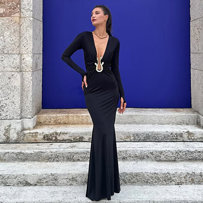 Plunging Cutout High-Waist Full-Sleeve Pencil Dress
