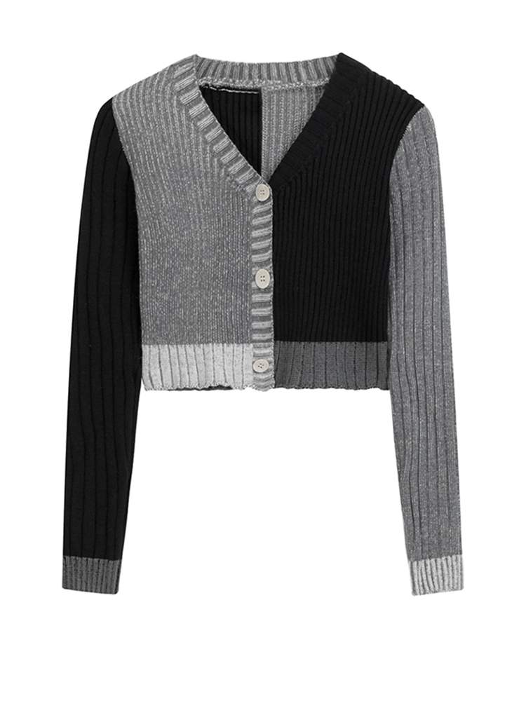 Black Color-block Short Knitting Cardigan Sweater V-Neck Long Sleeve Women New Fashion Trend Autumn Winter
