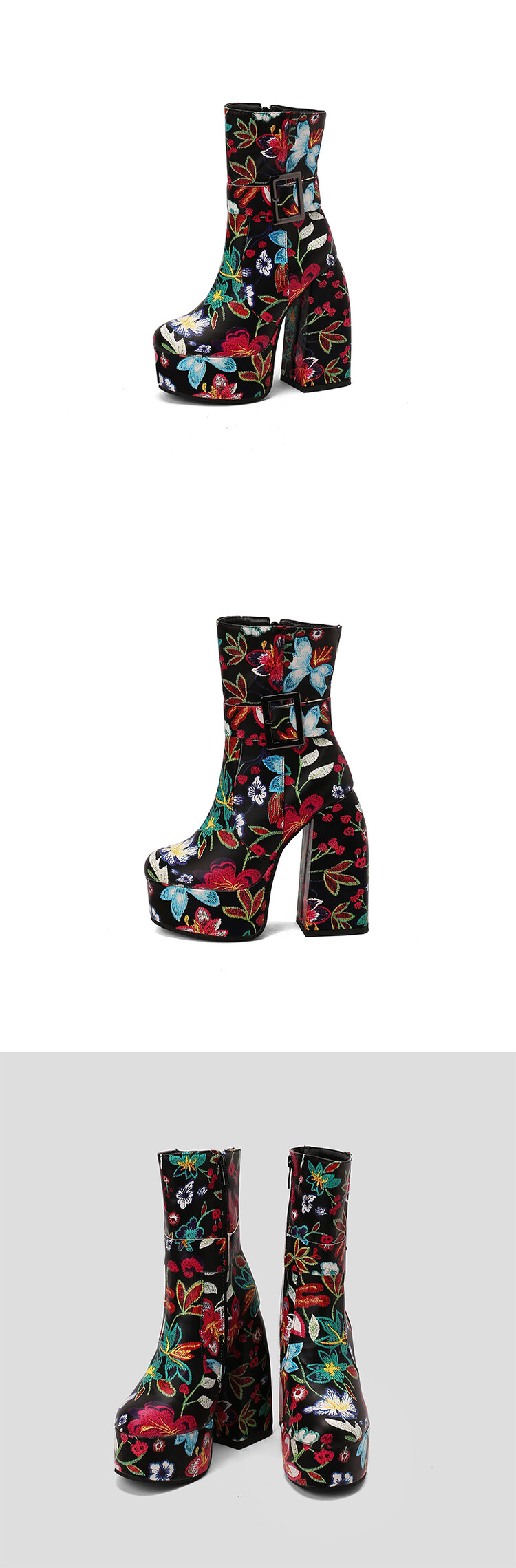 Women's Winter New Fashion Embroidery Pattern Thickened High-heeled Thick-bottomed Round Toe Side Zipper Ankle Boots
