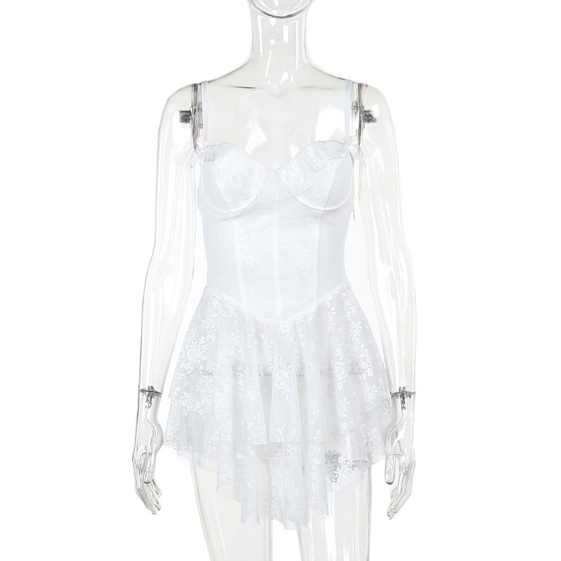 Strap Dress with Lace and Ruffle Design A-Line Dress
