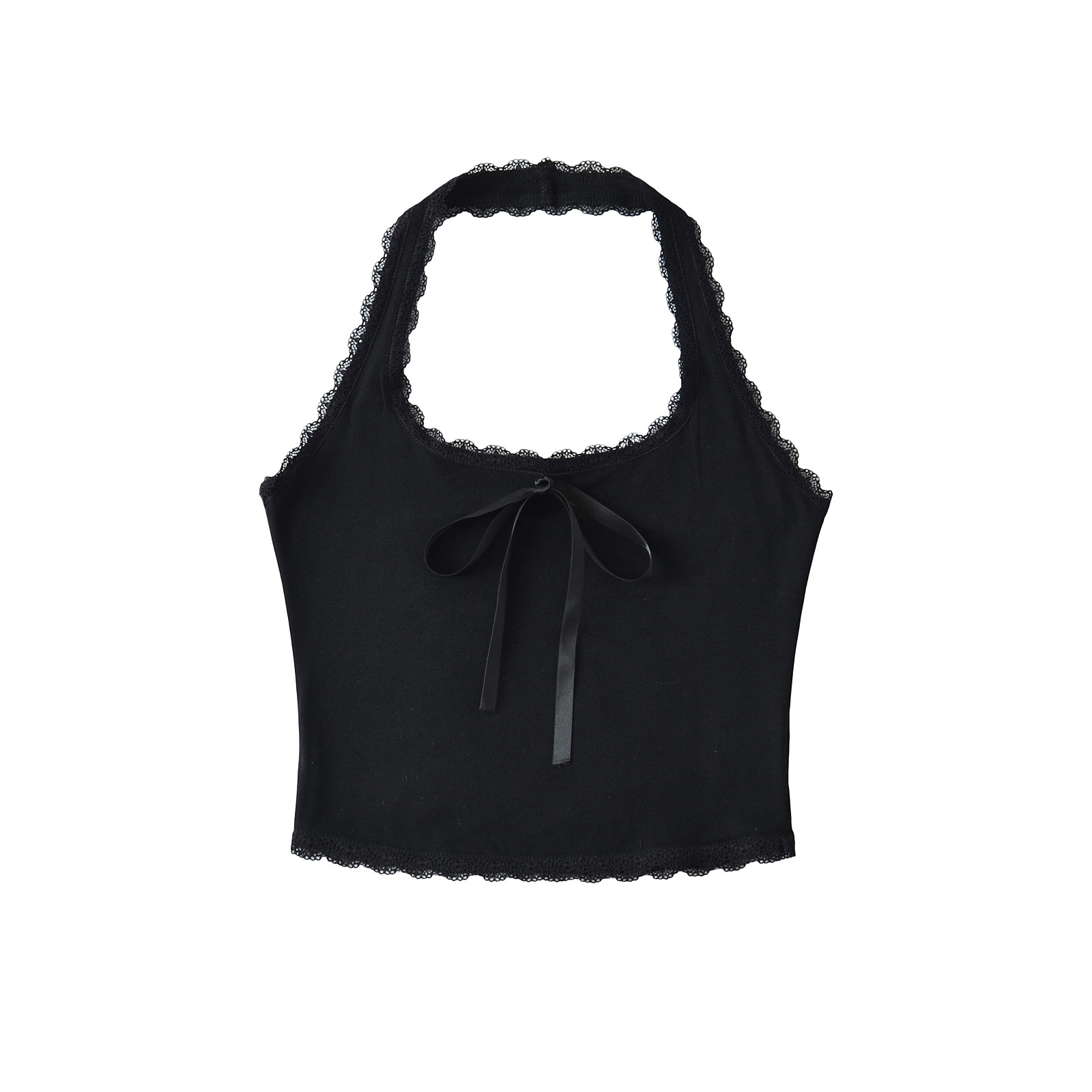 Slim Fit U-Neck Solid Color Front Bow Halter Crop Top