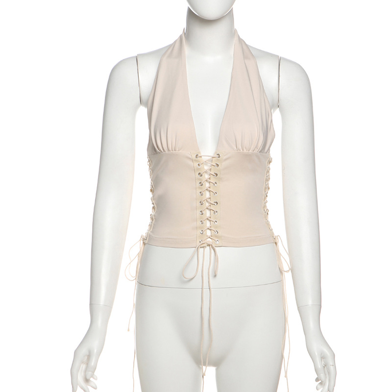 Deep V-belt vest hanging neck slim fit versatile top for women