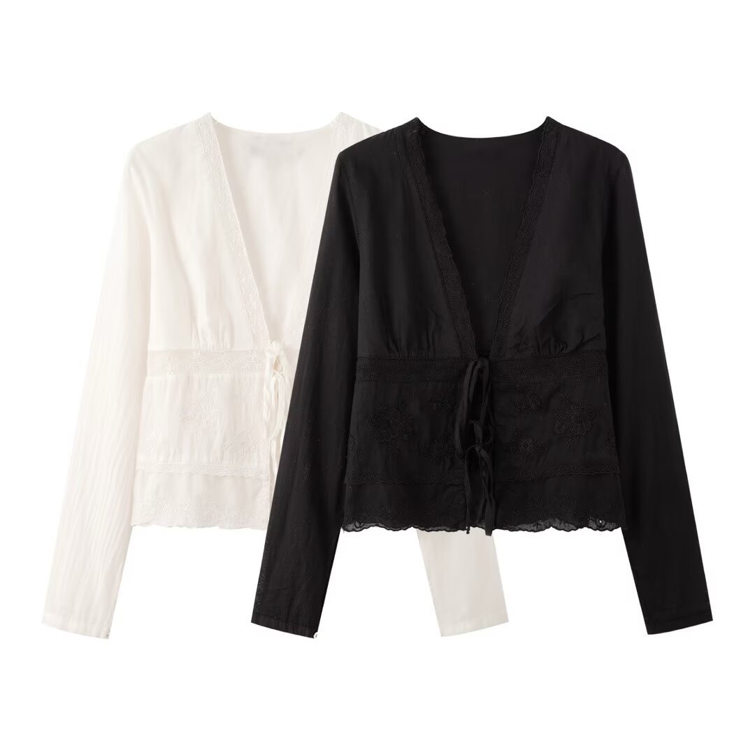 V-neck long sleeved solid color lace up shirt top for women