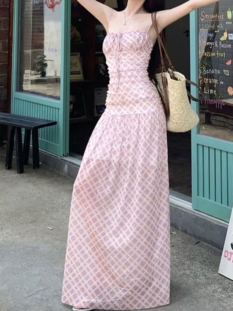 One-Shoulder Checkered Cinched Frill Polyester Dress