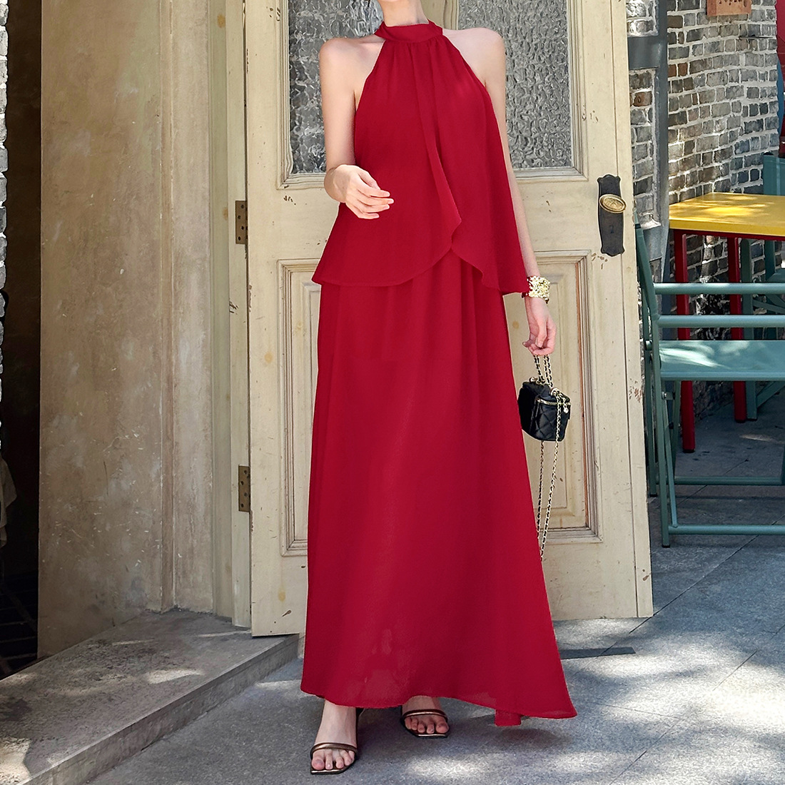 Sleeveless Scarlet Tie Neck Long Dress