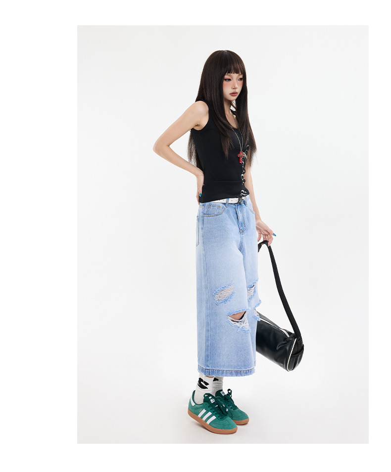Black Gray Hole Seven-Point Denim Pants Women Vintage Wide-Leg Straight Leg Pants High Street Trendy