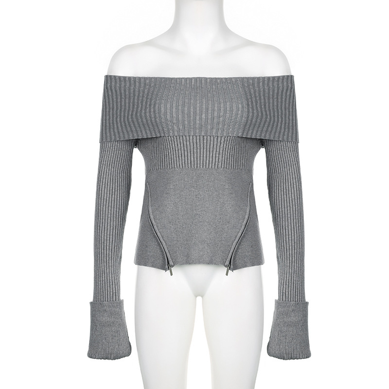 Woolen Bardot Zip Blush Plain Full Sleeve Sweater