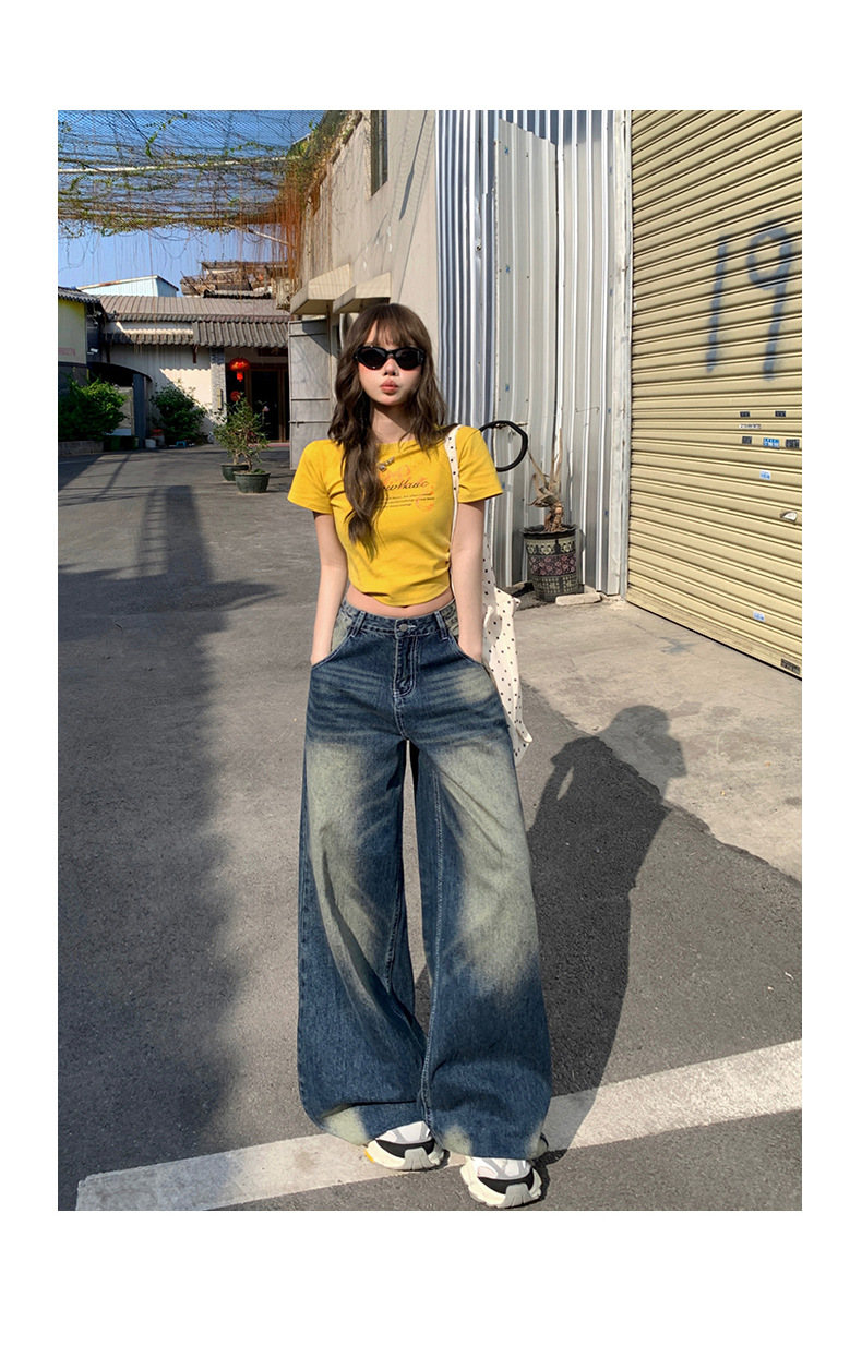 Women's Wide-Leg Jeans Low-Waist Loose Washed Straight Pants