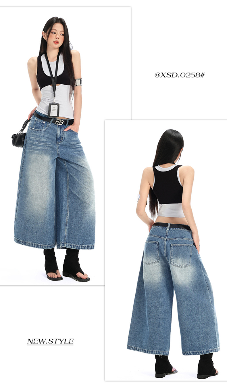 Denim Cropped Pants for Women High Street Relaxed Fit Straight Leg Wide-Leg Mid-Length Pants