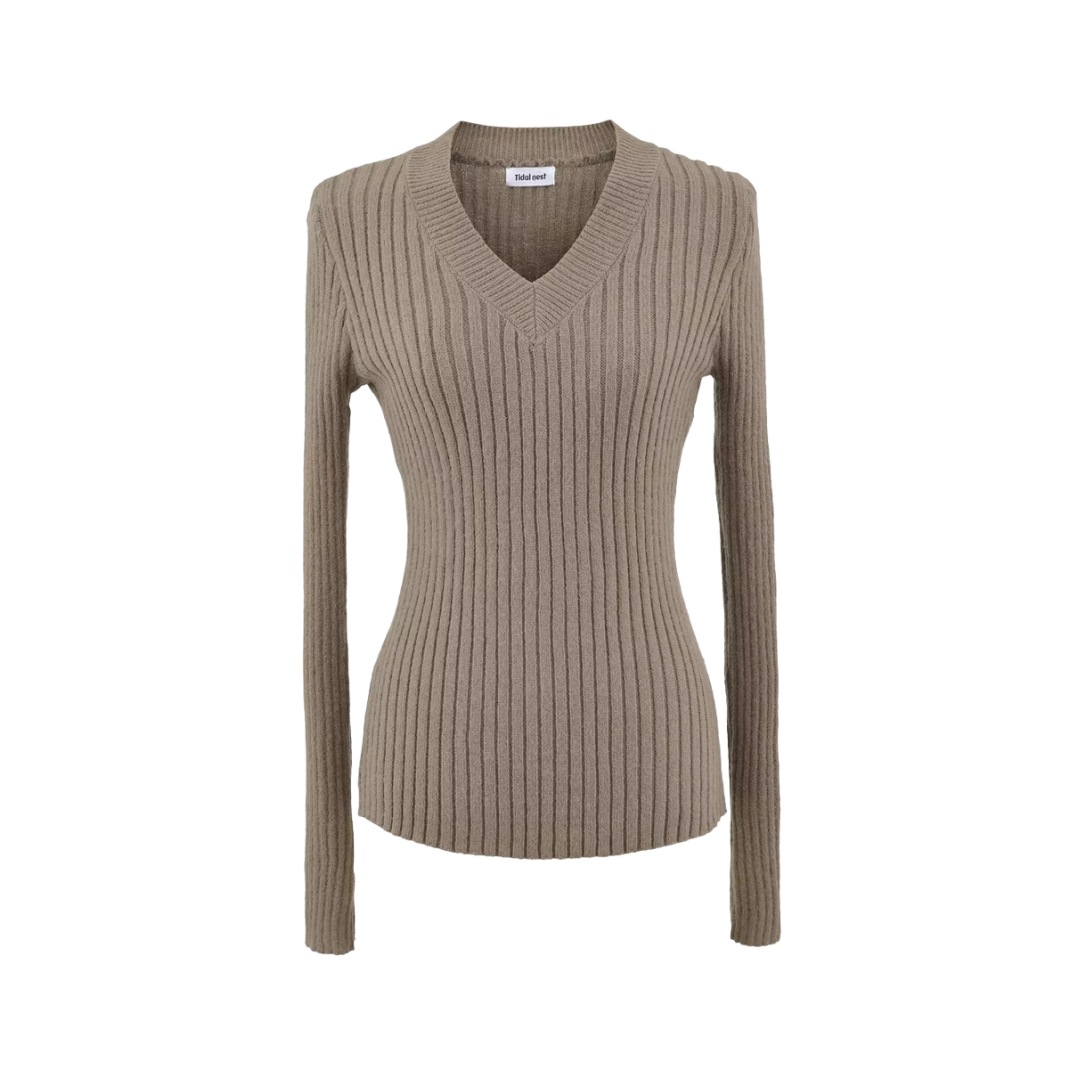 Plain Ladies Deep V Body-Hugging Knitted Sweater
