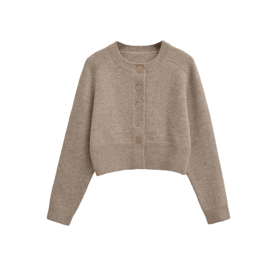Plain Urban Crew One-Clasp Full-Arm Crop Cardigan