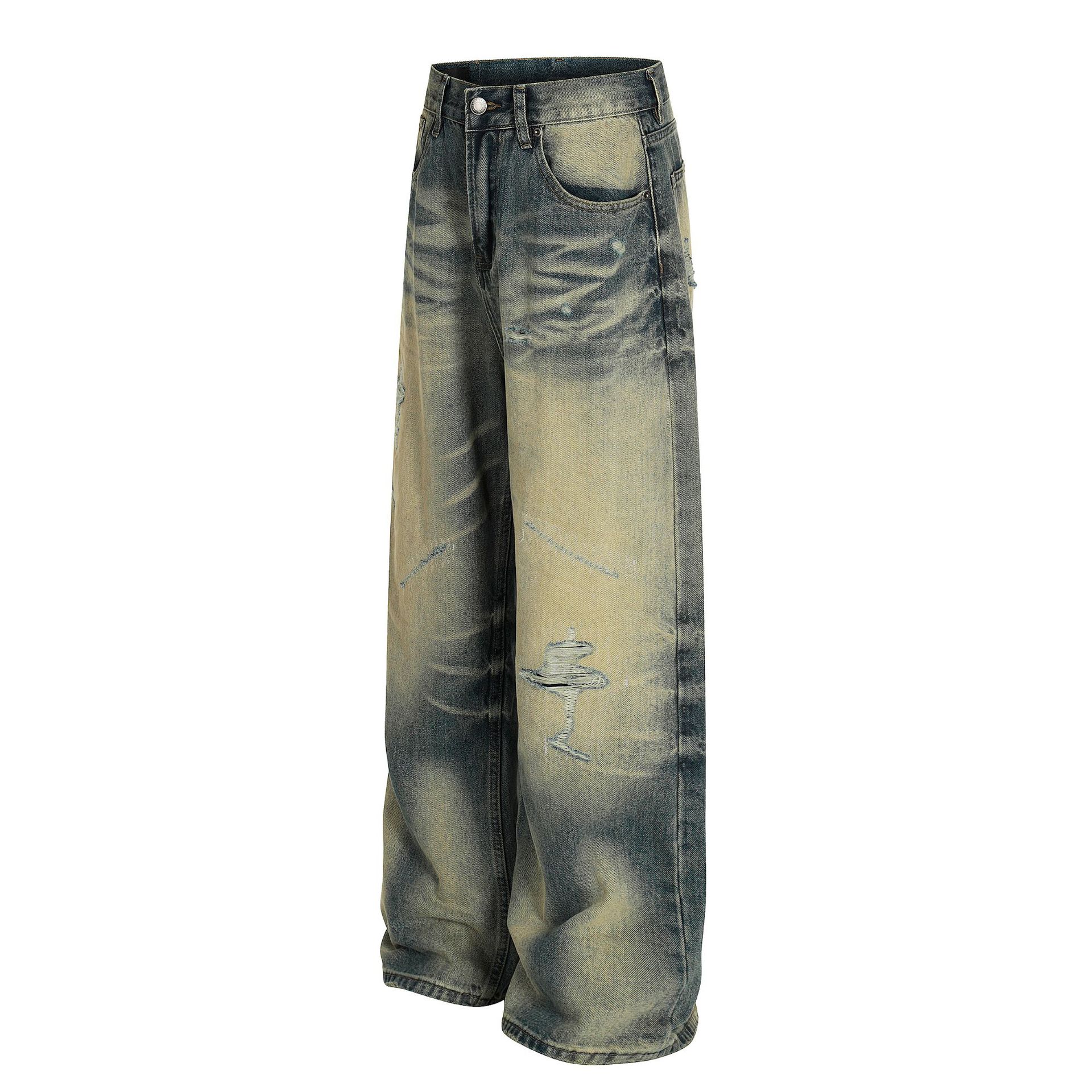 Style Trendy Unisex Street Retro Vintage Blue Cat Whisker Pattern Distressed Design Loose Fit Men's Jeans