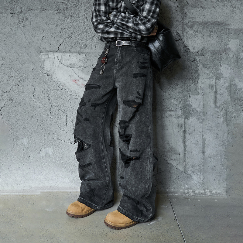 Denim Pants Loose Wide Leg Men High Street Post-Apocalyptic Style Ripped Design Plus Size Trendy Brand Original Dark Hip Hop Straight Leg Pants
