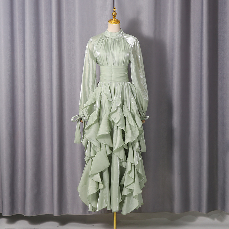 Cotton Blend Fit and Flare Ruffle Maxi Dress