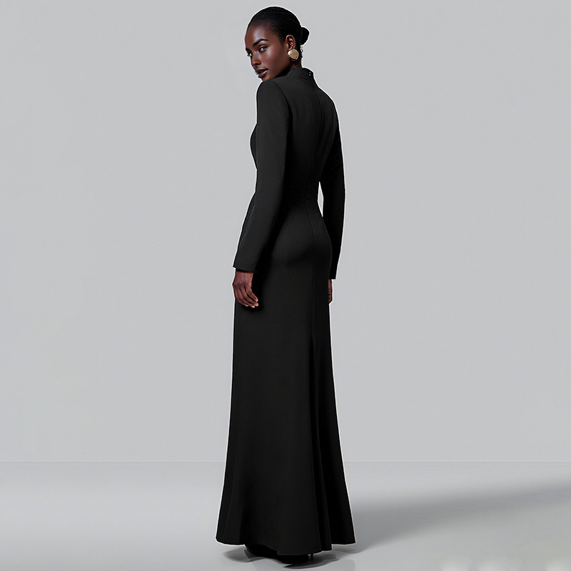 Plunging Neckline Long Sleeve Cinched Torso Vented Dress