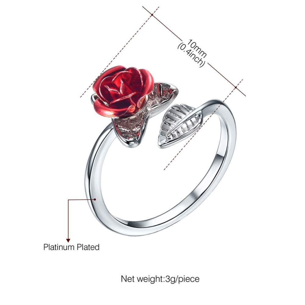 U7 Red Rose Garden Flower Leaves Resizable Finger Rings for Women Valentine's Day Gift Jewelry Hot Sale Open Ring R1019