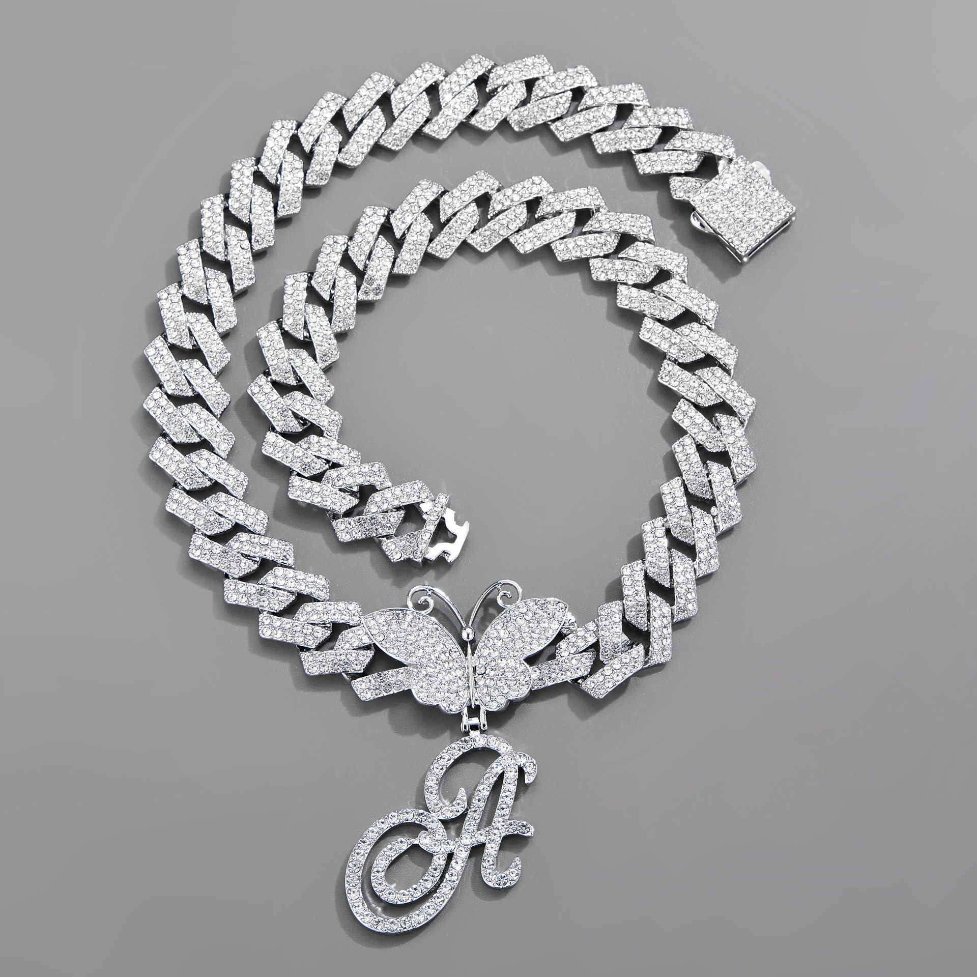18inch Cuban Chain Butterfly Letter Full Diamond Pendant Cuban Chain Personalized Exaggerated Thick Chain Hiphop Jewelry