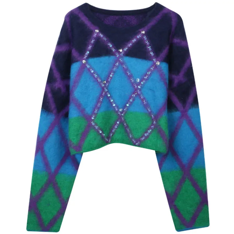 Two-Tone Beaded Cotton Oversized Cropped Sweater