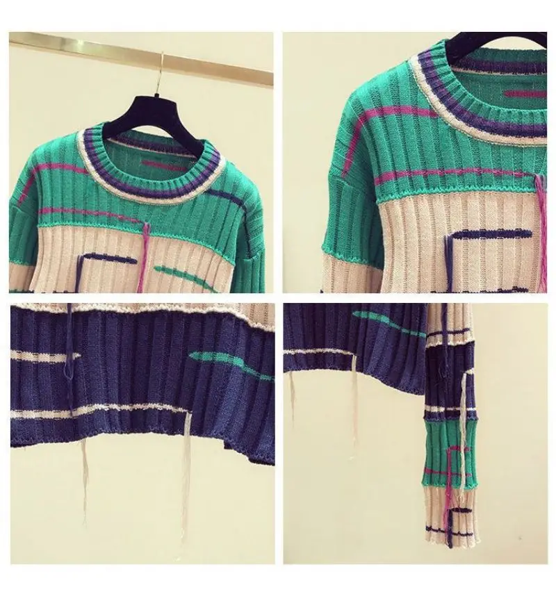 Ladies Colorblock Fringe Crew Collar Sweater