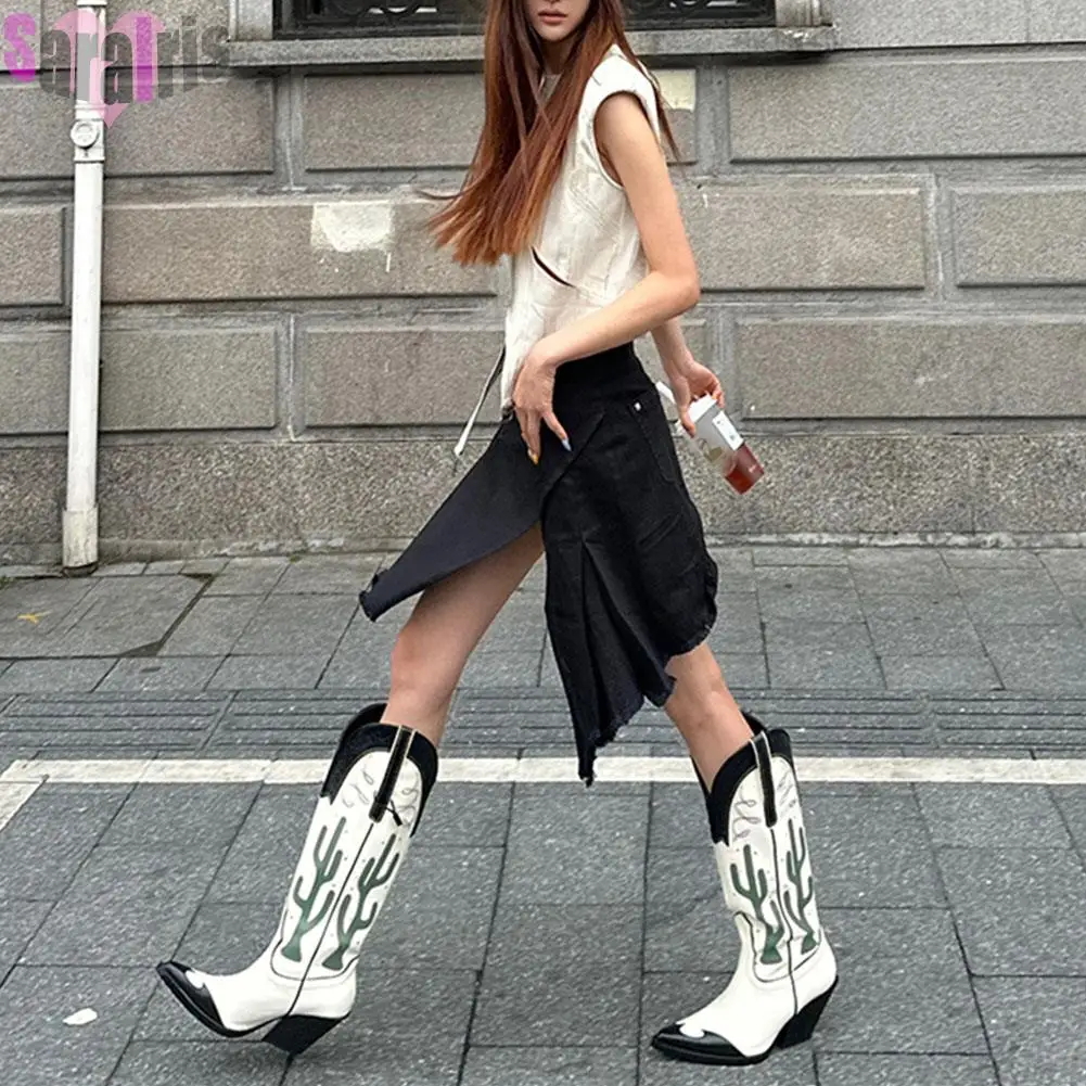 Western Cowboy Mid Calf Women Boots Chunky High Heels Cactus Vintage Cowgirl Long Boots Retro Shoes Woman