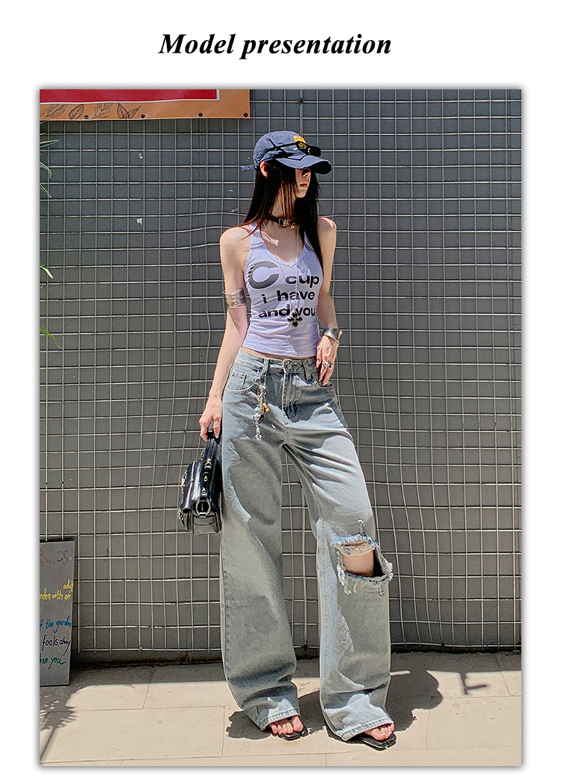 Light Blue Distressed Wide-Leg Jeans Women Retro Design Loose Straight Pants High Street