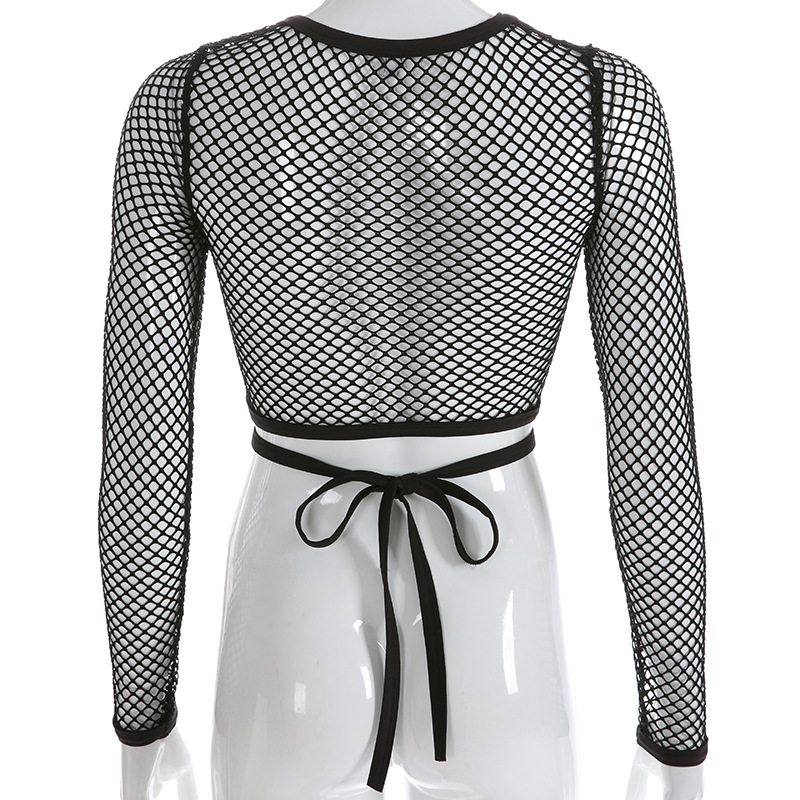 Vacation Style Grid Splicing Cross-Tie Hollow Sunscreen Top Sexy Transparent Short Pants Navel-Exposed T-Shirt Top