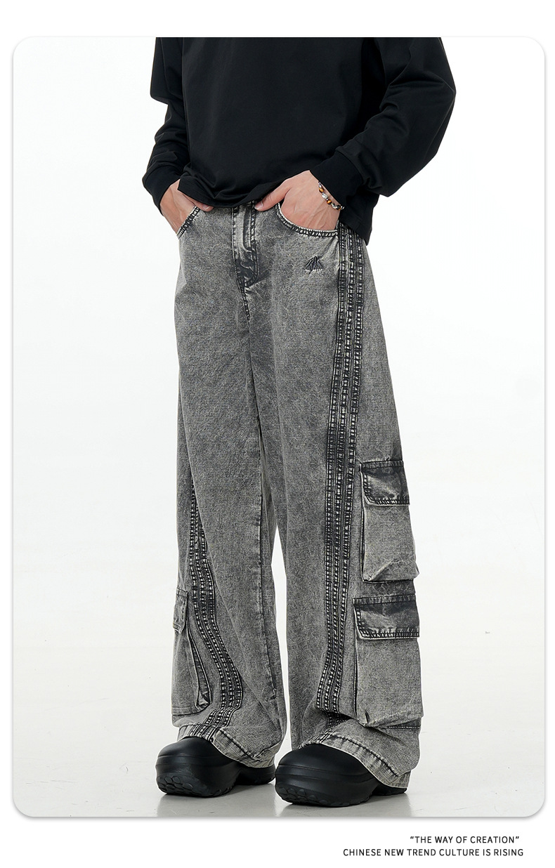 Washed Gray Workwear Jeans with Multiple Pockets for Men and Women