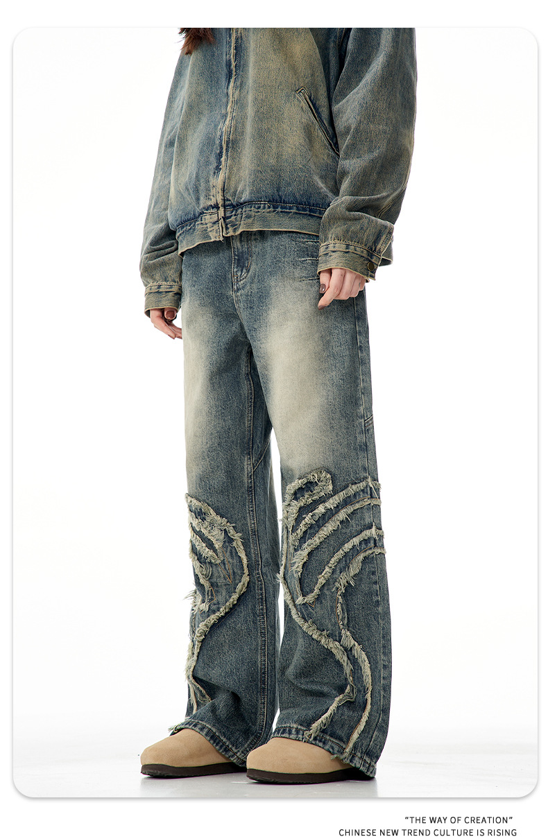 Faded Denim Pants Vintage Blue High Street Design Distressed Personality Straight Loose Casual Slim Fit Long Trousers