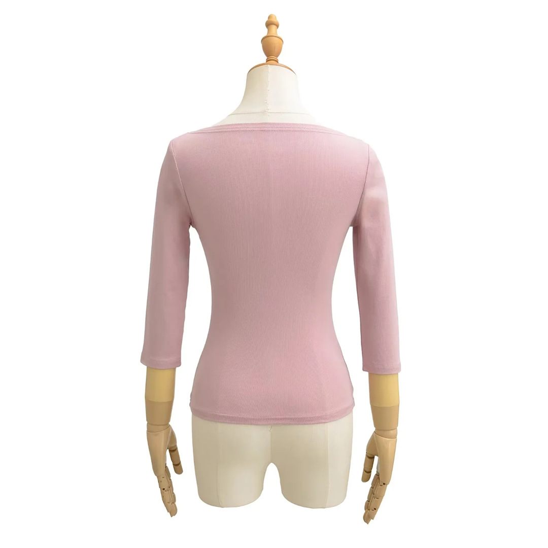 Slim Fit Plain Asymmetric Neck Elbow-Length Midriff Tee