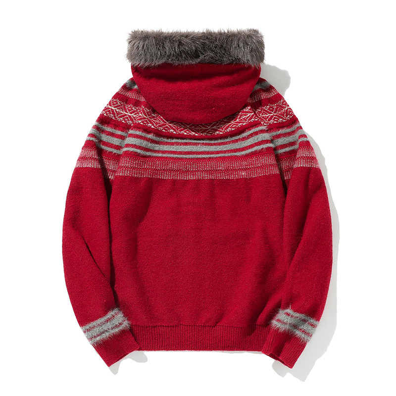 Matching Oversized Furry Trim Jacquard Knit Overcoat