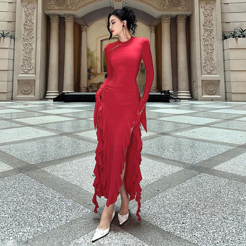 Round Neck Full Sleeve Polyester Cutout Dress