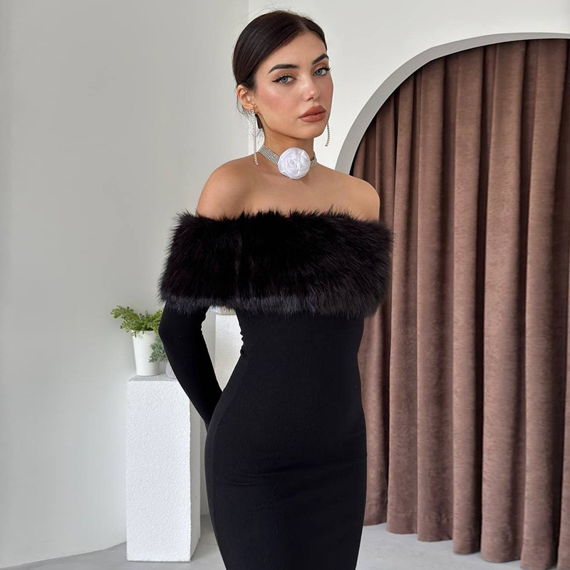 Body-Hugging Asymmetric Furry Trim Three-Quarter Sleeve Dress
